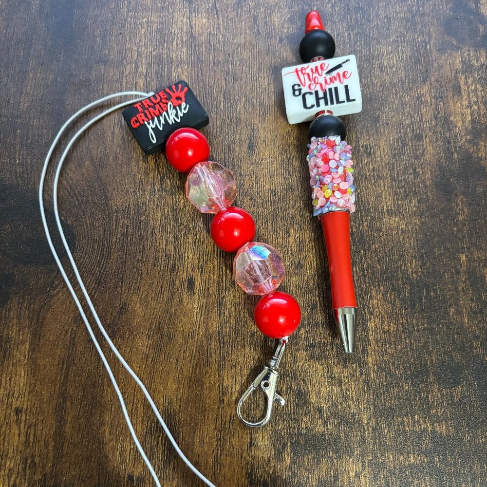 Handmade beaded pen and freshie holder set